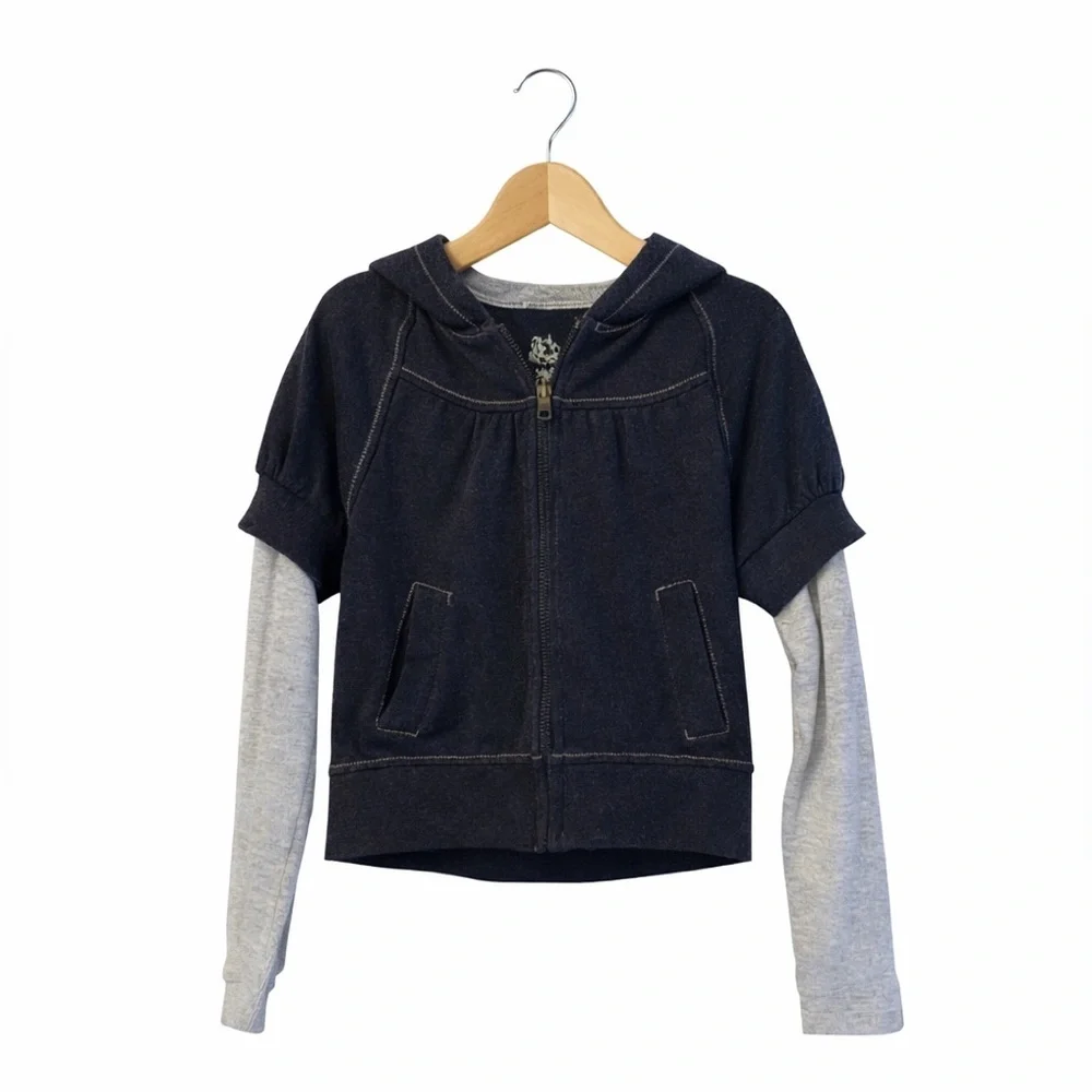 Old Navy Girls Layered Zip Hoodie Small Navy Gray Sweatshirt Jacket Casual
